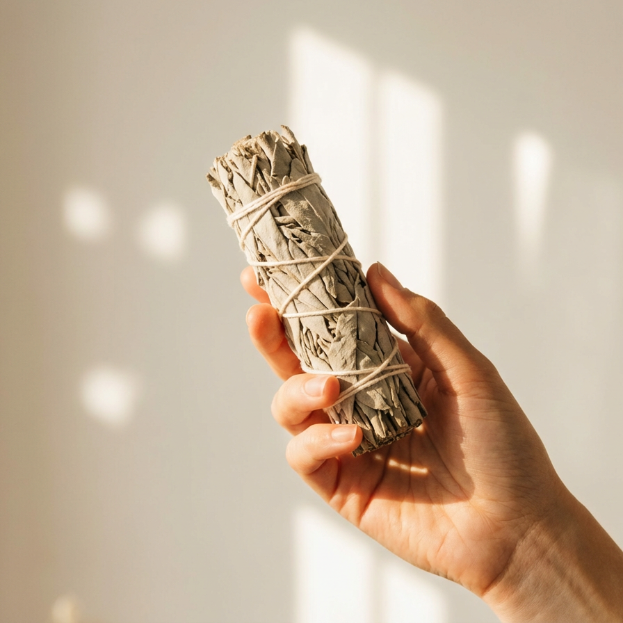 Hand holding white sage bundle for spiritual cleansing ceremony