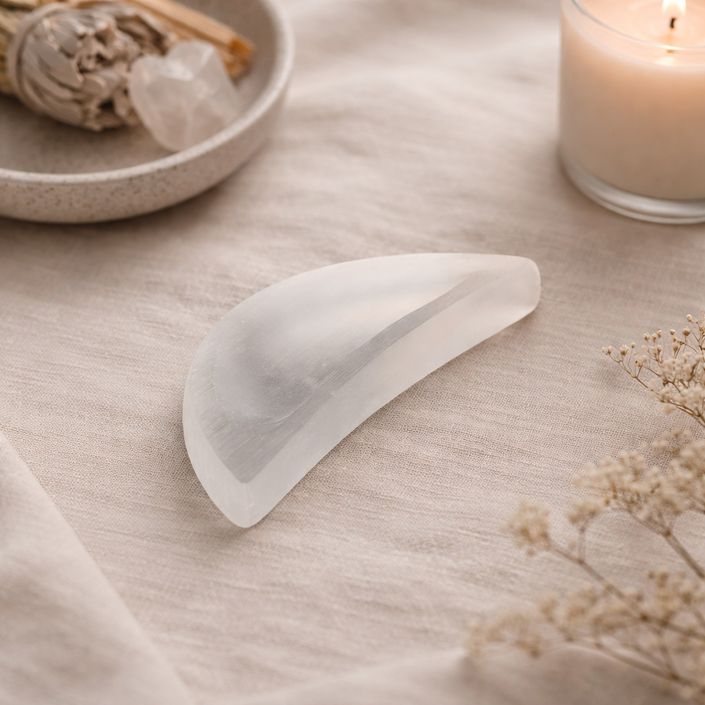 Selenite crescent moon bowl with natural striations on neutral background