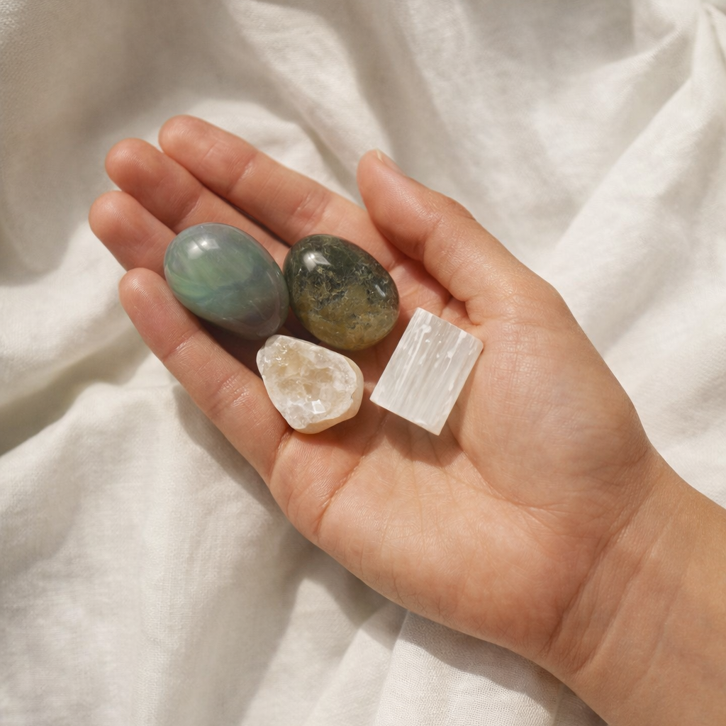 Cleansing crystals from renewal intention kit on white fabric background