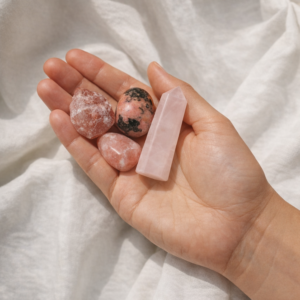 Rose quartz and pink healing crystals from love intention ritual kit