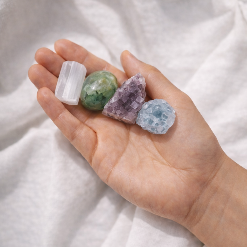 Blue and purple calming crystals from clarity intention kit held in hand