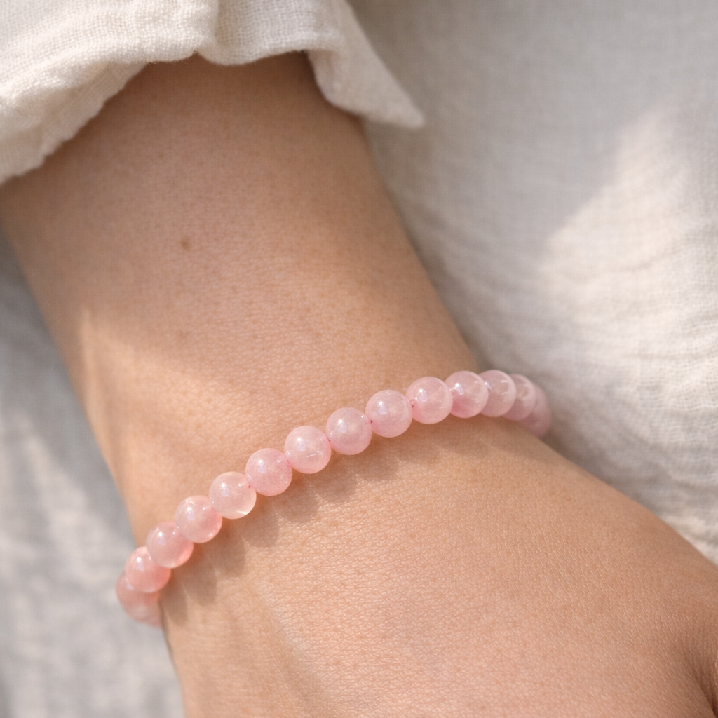 Rose quartz healing crystal bracelet on natural linen background