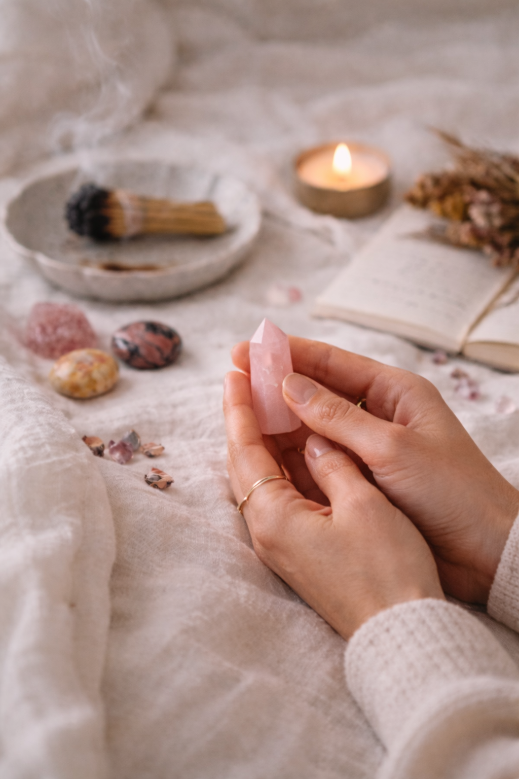 Person holding a pink crystal with a soft, blurred background featuring a candle and decorative items.