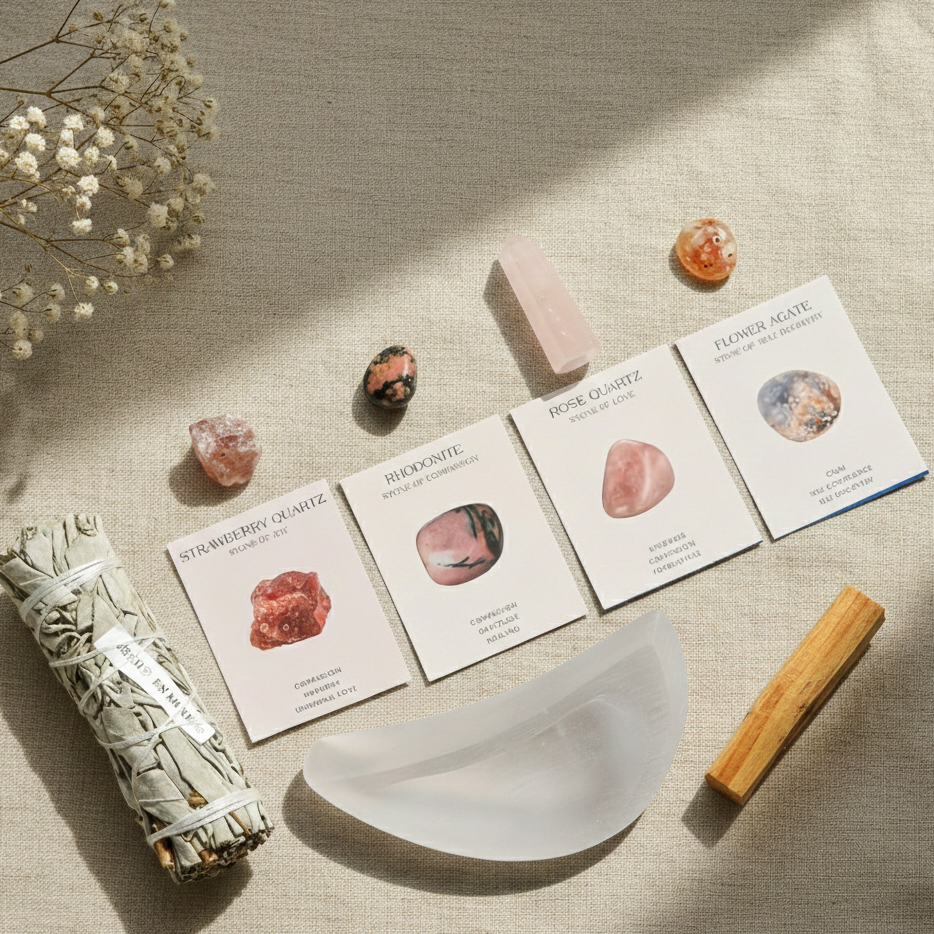 Love and self-love ritual set with rose quartz, rhodonite, and pink crystals for heart chakra healing