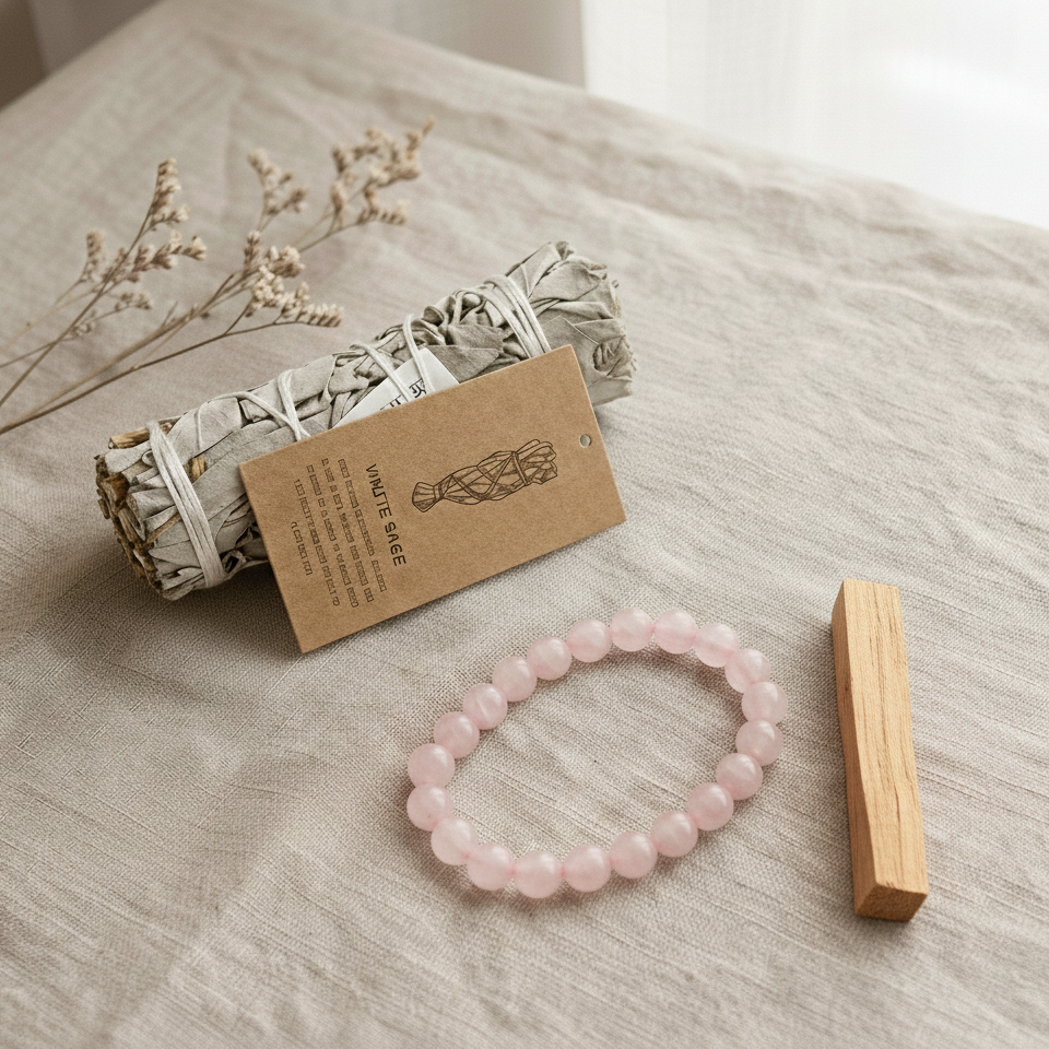 Self-love reset ritual set with rose quartz crystals and healing tools on natural background