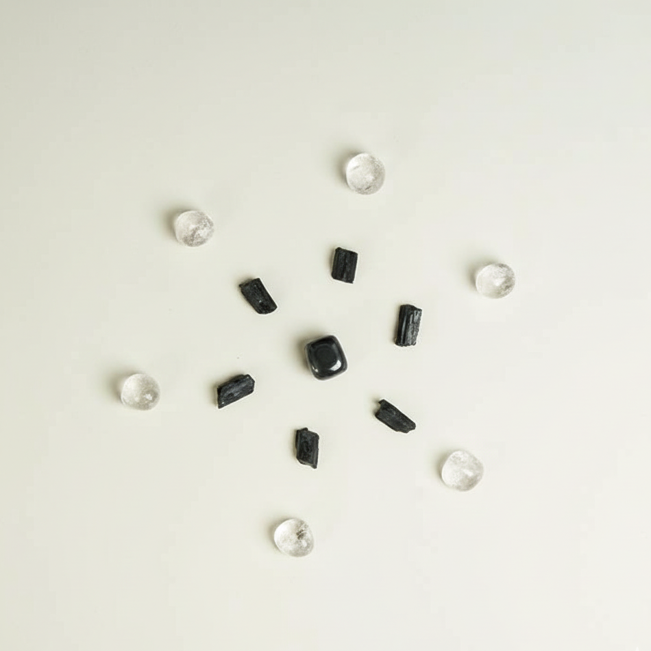 Black tourmaline, hematite, and smoky quartz crystals for protection grid arrangement