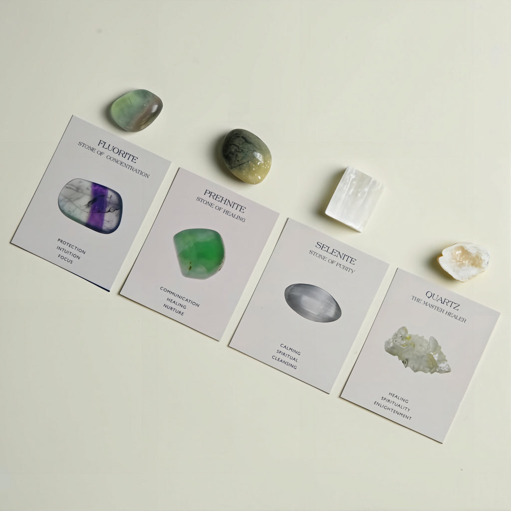 Energy cleansing intention kit with clear quartz, selenite, and black tourmaline crystal cards