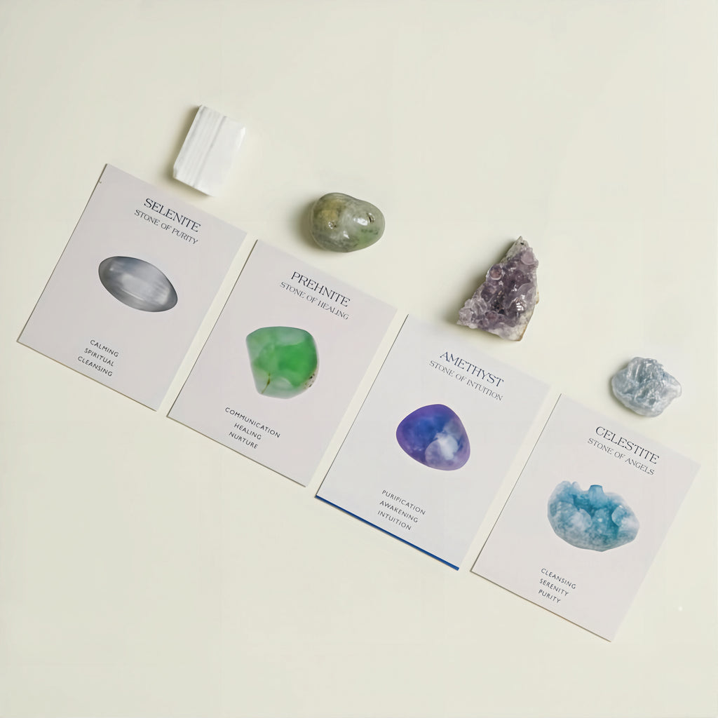 Calm and clarity intention kit with amethyst, blue lace agate, and sodalite crystal cards