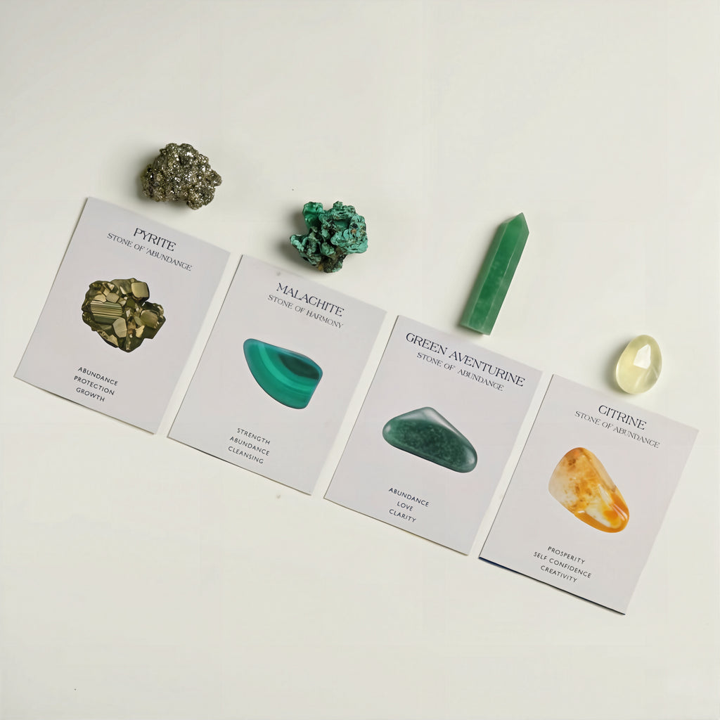 Abundance and prosperity intention kit with citrine, green aventurine, and pyrite crystal cards