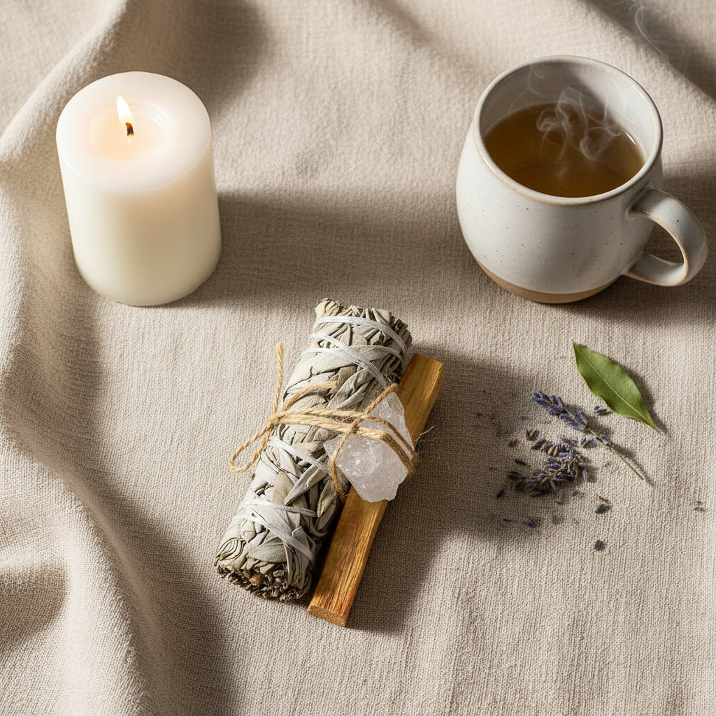 Sacred space cleansing ritual set styled with natural linen and candle